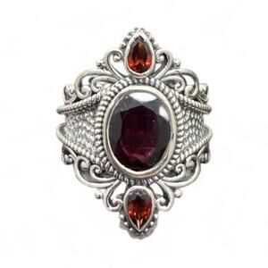 Natural Rhodolite Red Garnet Ring Hammered 925 Sterling Silver Size 9 Handmade